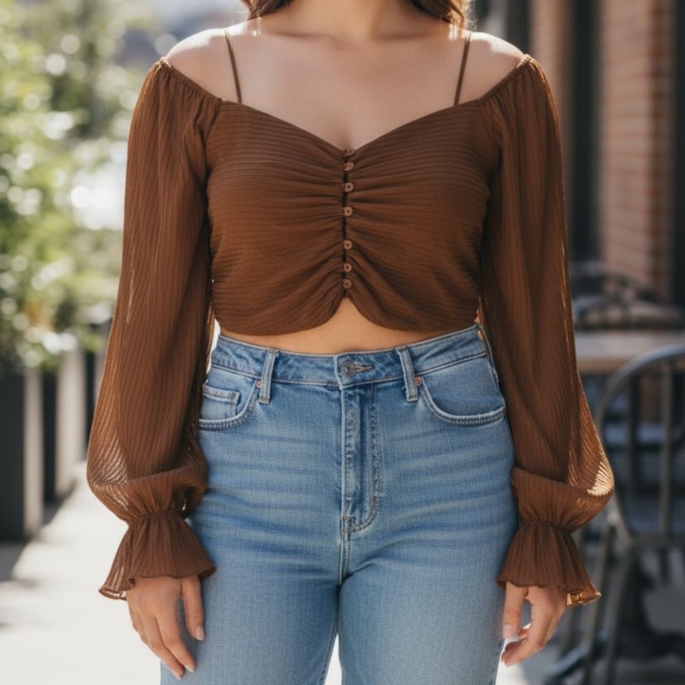 Zara Brown Pleated Long Sleeve Crop Top size-L - Picture 1 of 7